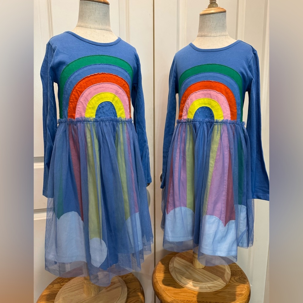 Mini Boden Blue Rainbow Appliqué Long Sleeve Tulle Dress 6-7Y and 7-8Y